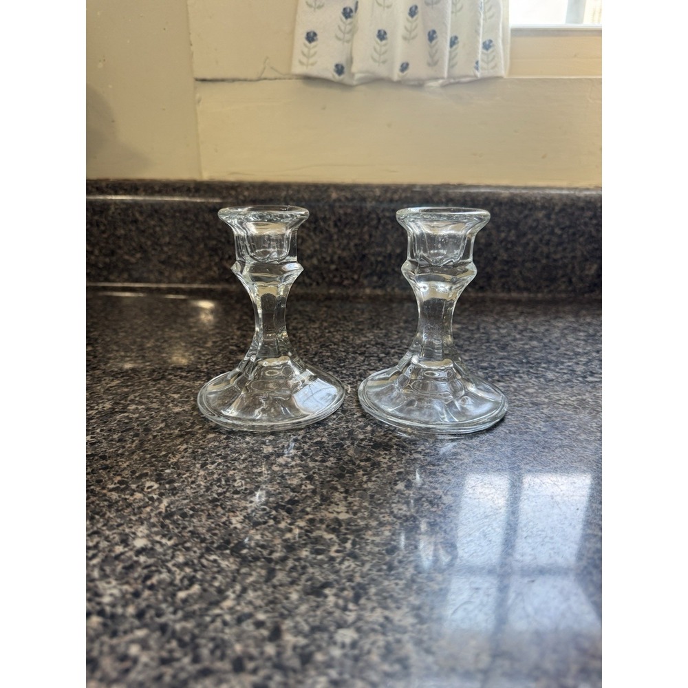 Glass Candlestick Holders Clear Hexagonal Base Pair Vintage Crissa Decor